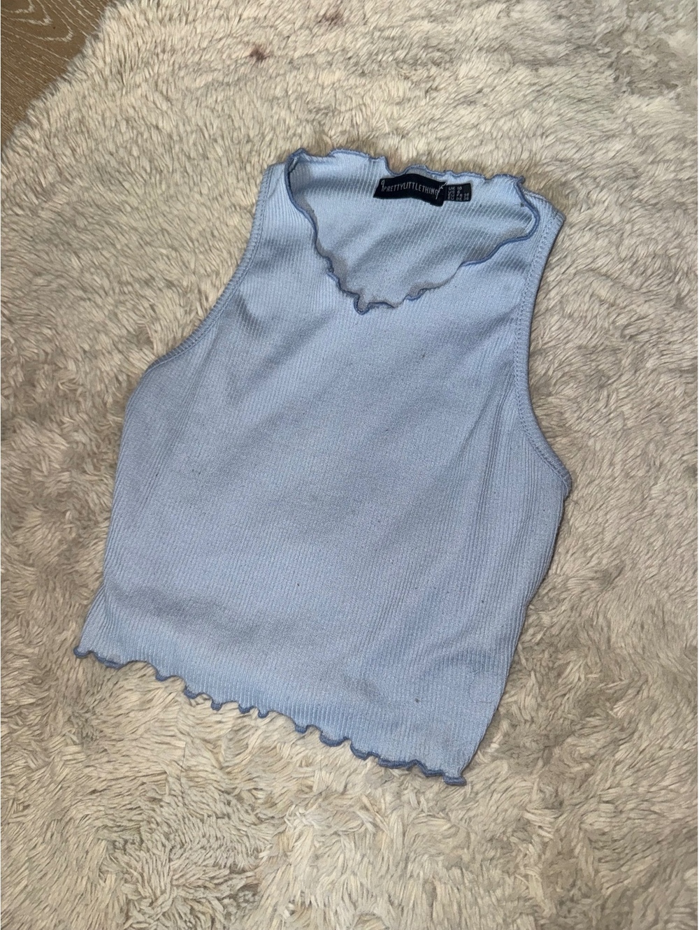 PrettyLittleThing Blue Ribbed Crop Tank Top Size 2 Lettuce Hem Y2K